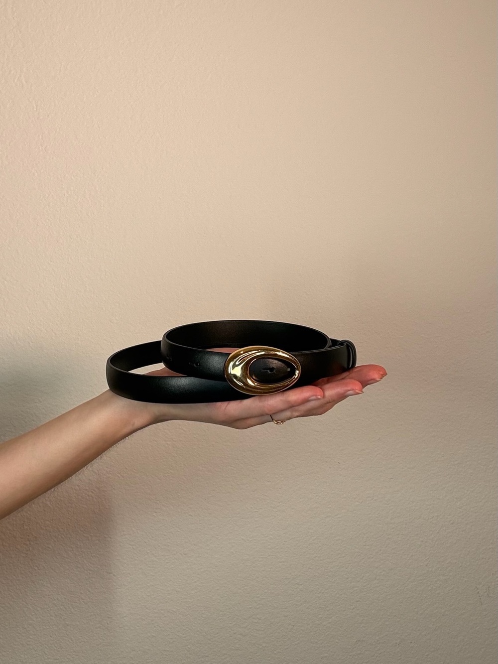 Khaite Black Leather Belt with Gold Oval Buckle